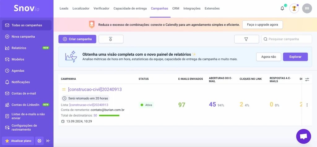 dashboard de gestao do snovio