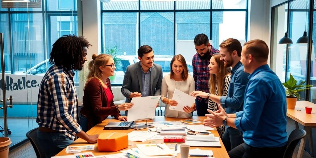 Equipe diversa colaborando em consultoria de branding.