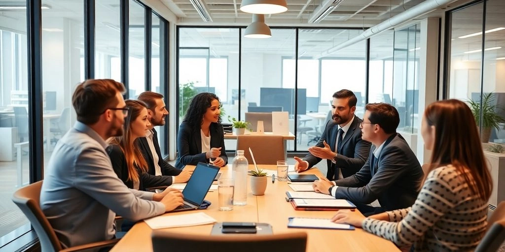 Equipe em escritório discutindo estratégia de vendas