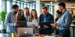 Reunião avaliando resultados do mês após contratar um bpo de marketing