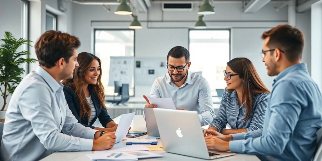 Equipe de marketing em reunião falando sobre estratégias em um escritório moderno