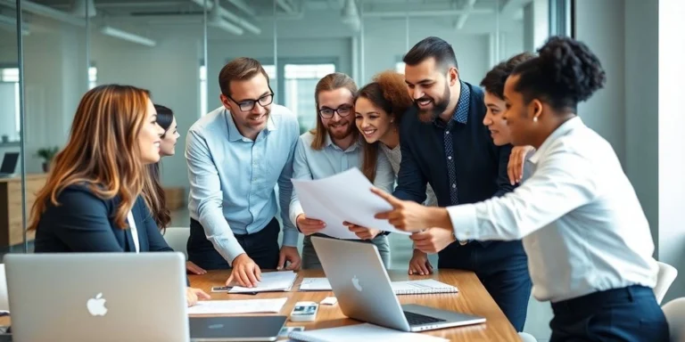 Equipe de vendas interna e equipe de vendas terceirizada colaborando em uma reunião