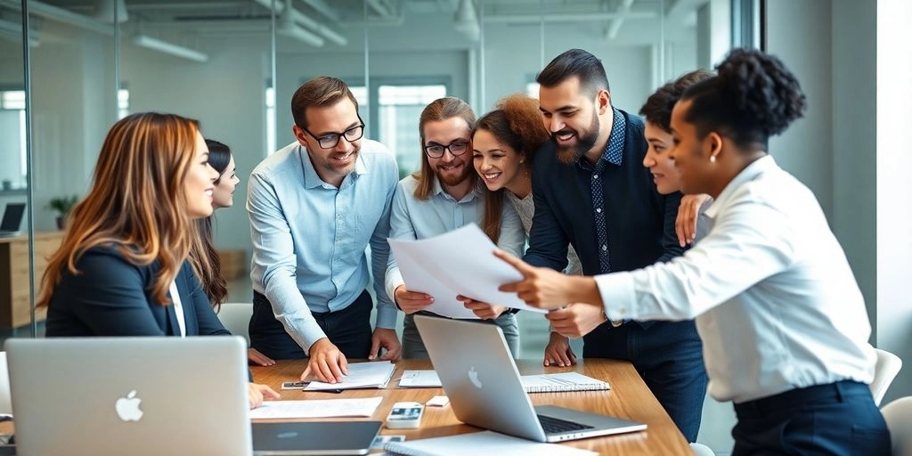 Equipe de vendas interna e equipe de vendas terceirizada colaborando em uma reunião