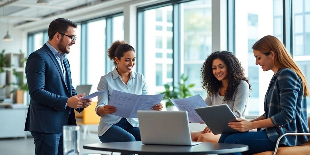 pessoas no escritório lendo jornal e noticias do mercado