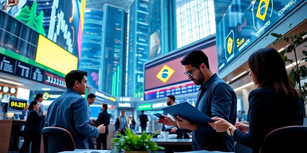 ilustração realista do mercado brasileiro com vendedores usando tablet e celular