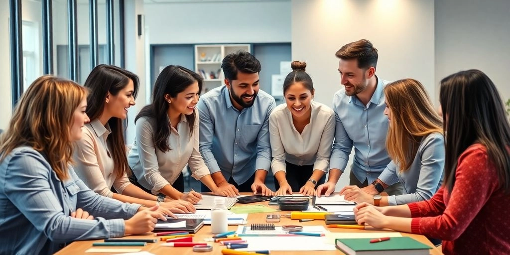 Reunião no escritório entre marketing e comercial