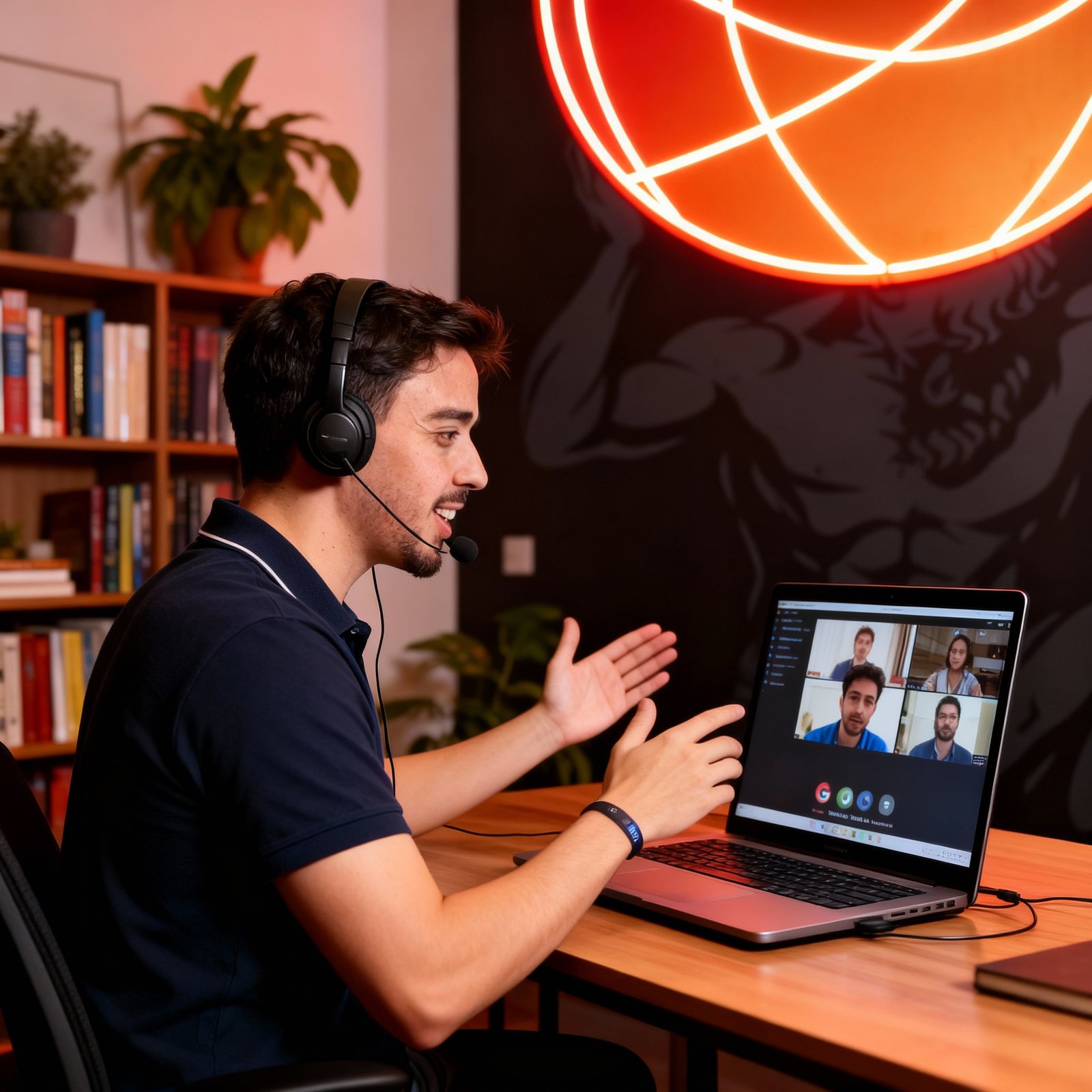 Bruno Burian, líder de agência de marketing, conduzindo reunião virtual por videochamada, com expressão confiante e setup profissional