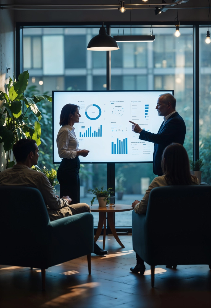 Equipe de marketing em uma reunião de consultoria, analisando gráficos de performance e resultados em uma tela grande.